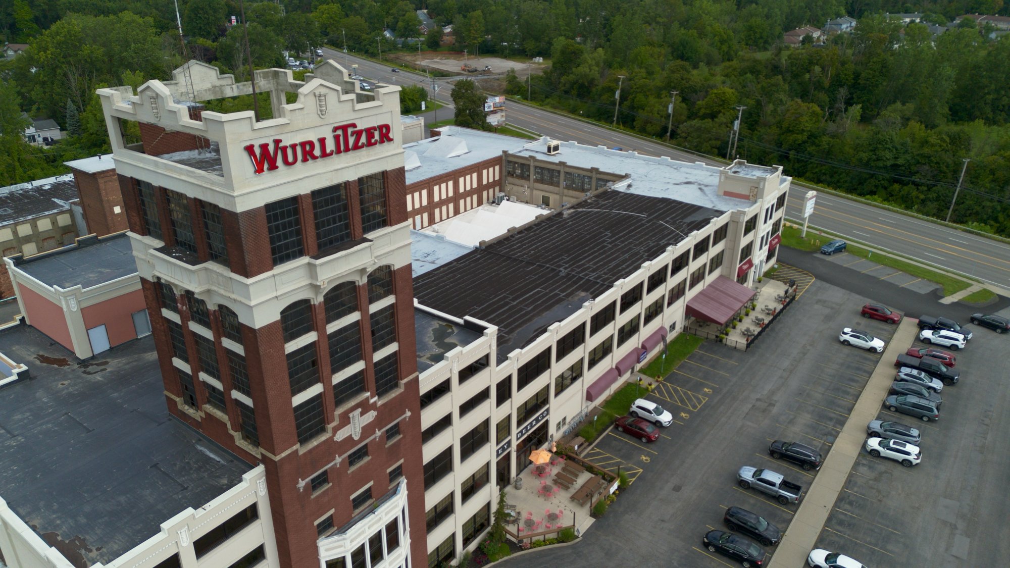 Aerial view of the Wurlitzer tower and Niagara Falls Boulevard frontage