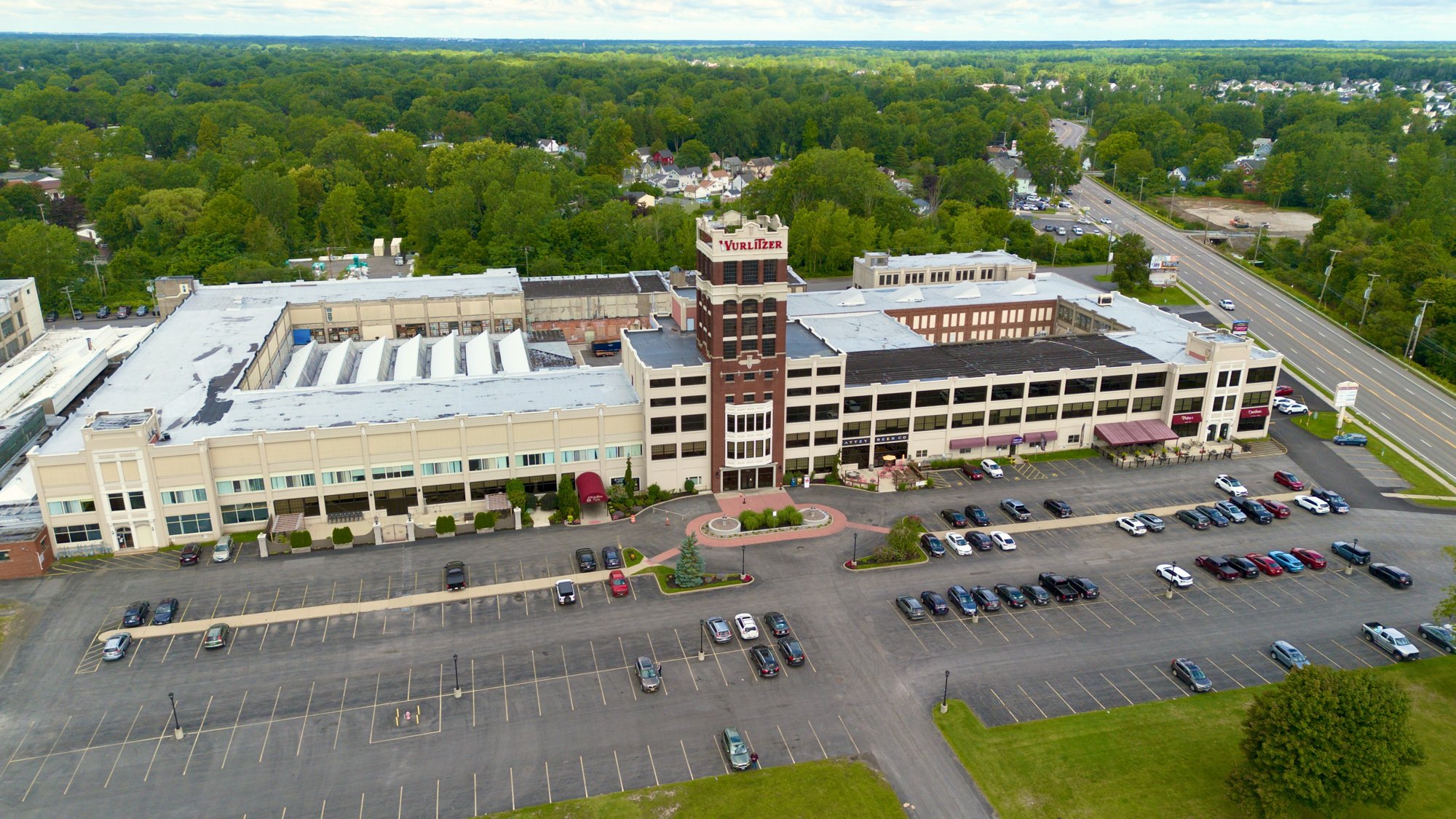 Aerial overview of the Wurlitzer complex and parking area